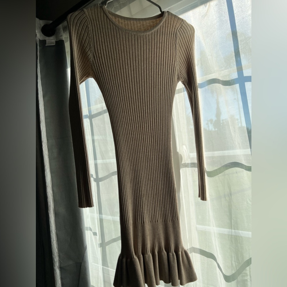 SHEIN Tan Long Sleeve Dress with mini ruffles